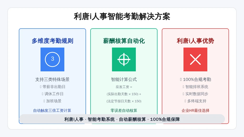 ['多维度考勤规则', '带薪非出勤日', '调休工作日', '加班场景', '薪酬核算自动化']