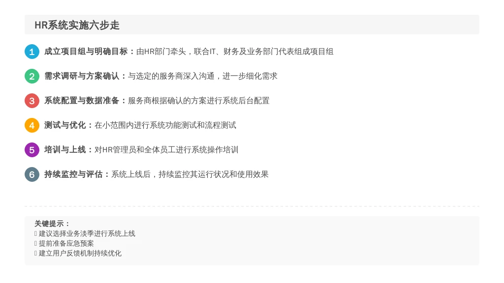 ['成立项目组与明确目标：', '需求调研与方案确认：', '系统配置与数据准备/迁移：', '测试与优化：', '培训与上线：', '持续监控与评估：']