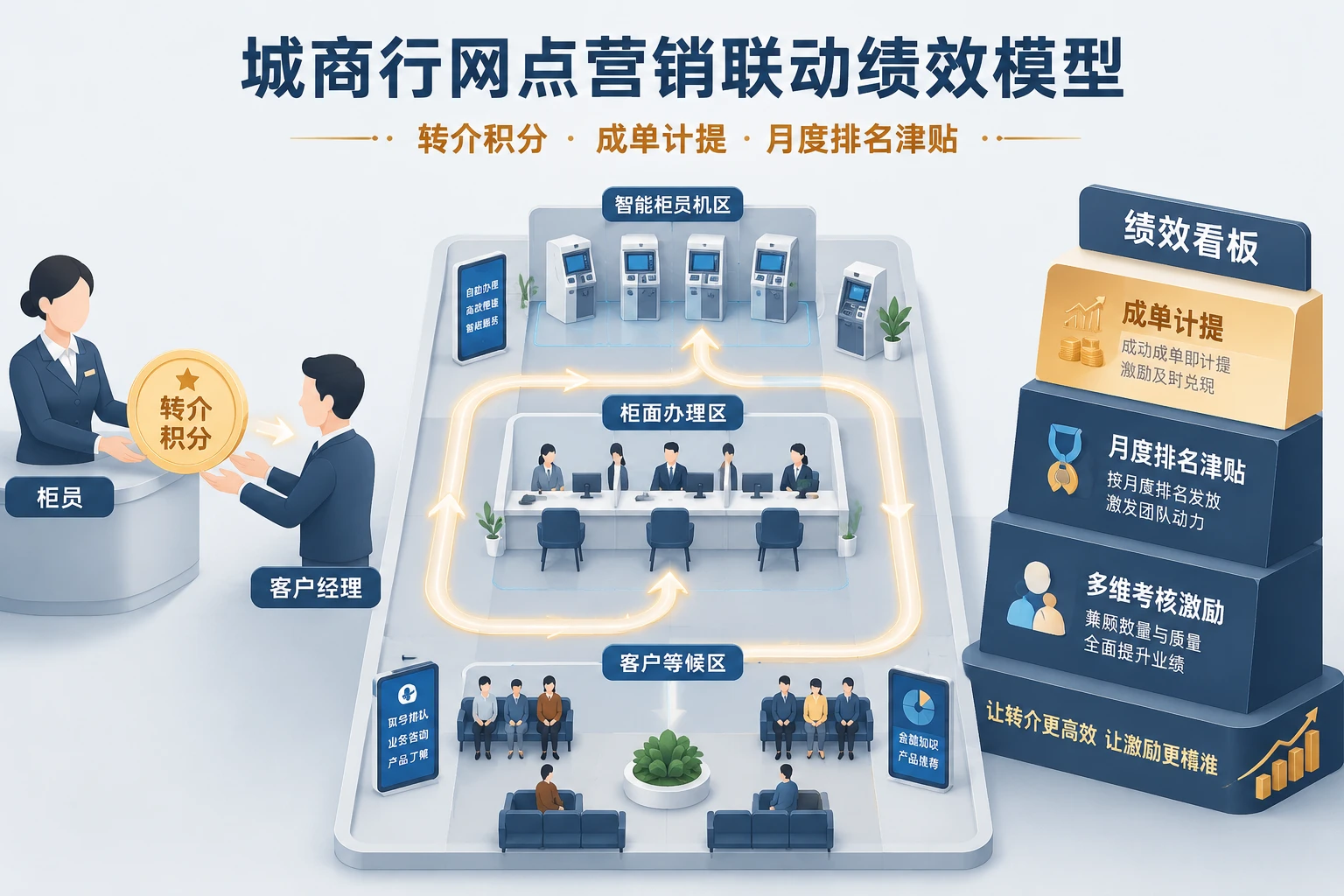 城商行网点营销联动绩效模型：转介积分、成单计提与月度排名津贴