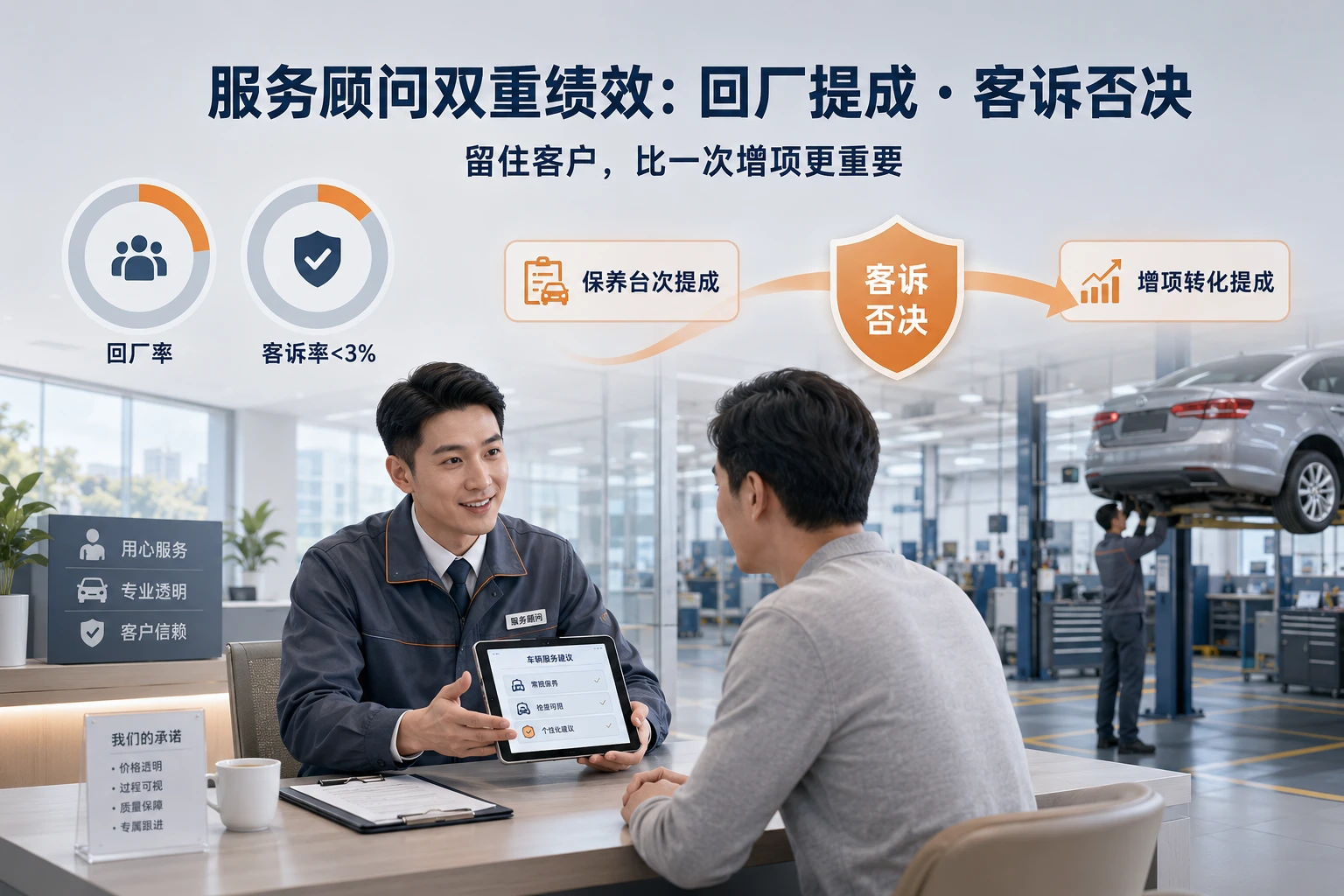 服务顾问双重绩效：回厂保养与增项转化提成，客诉率否决（2026年版）