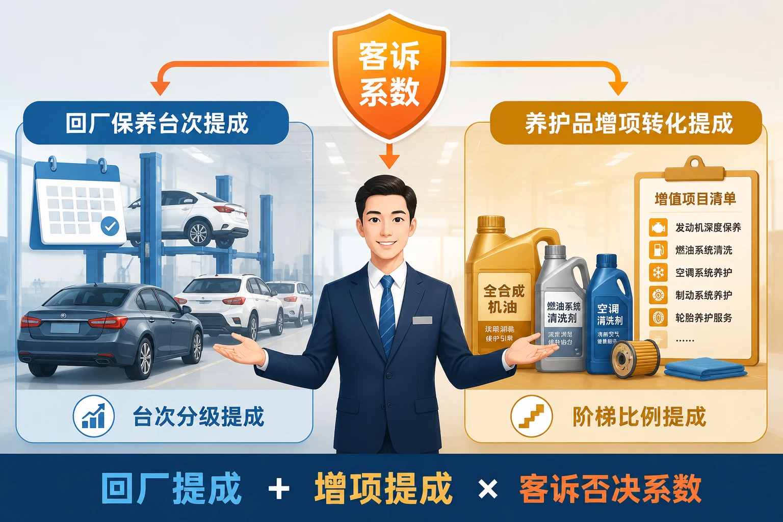 服务顾问双重绩效：回厂保养与增项转化提成，客诉率否决（2026年版）