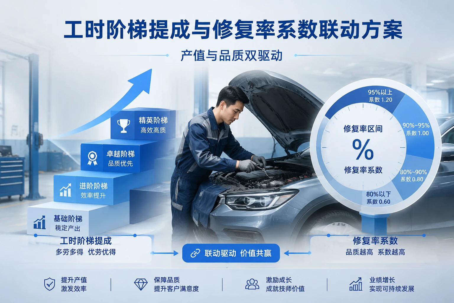 2026年4S店维修技师绩效方案：工时阶梯提成与修复率系数联动