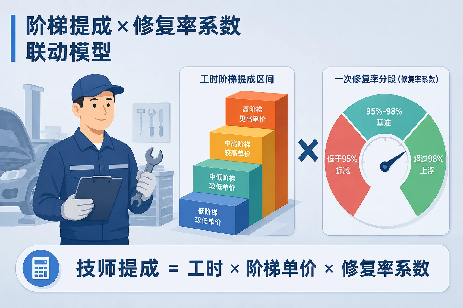 2026年4S店维修技师绩效方案：工时阶梯提成与修复率系数联动