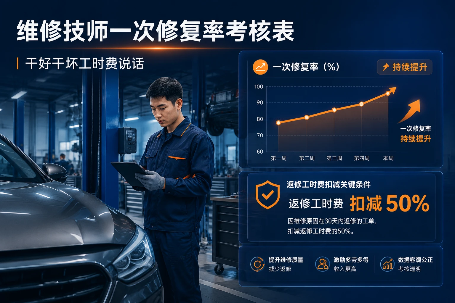 2026年4S店维修技师工时包干与一次修复率考核表