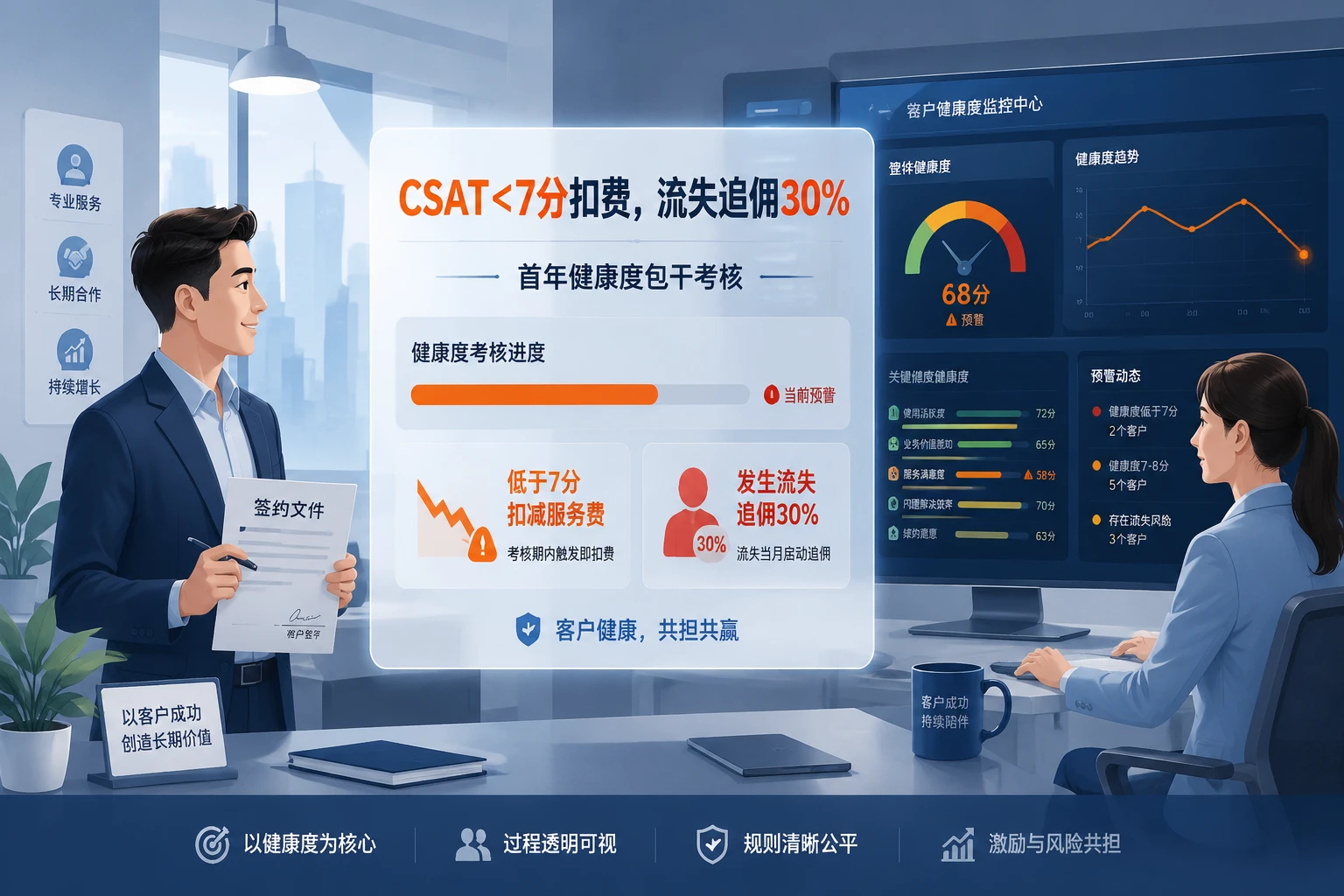 SaaS销售健康度包干模板:CSAT<7分扣费,流失追佣30%