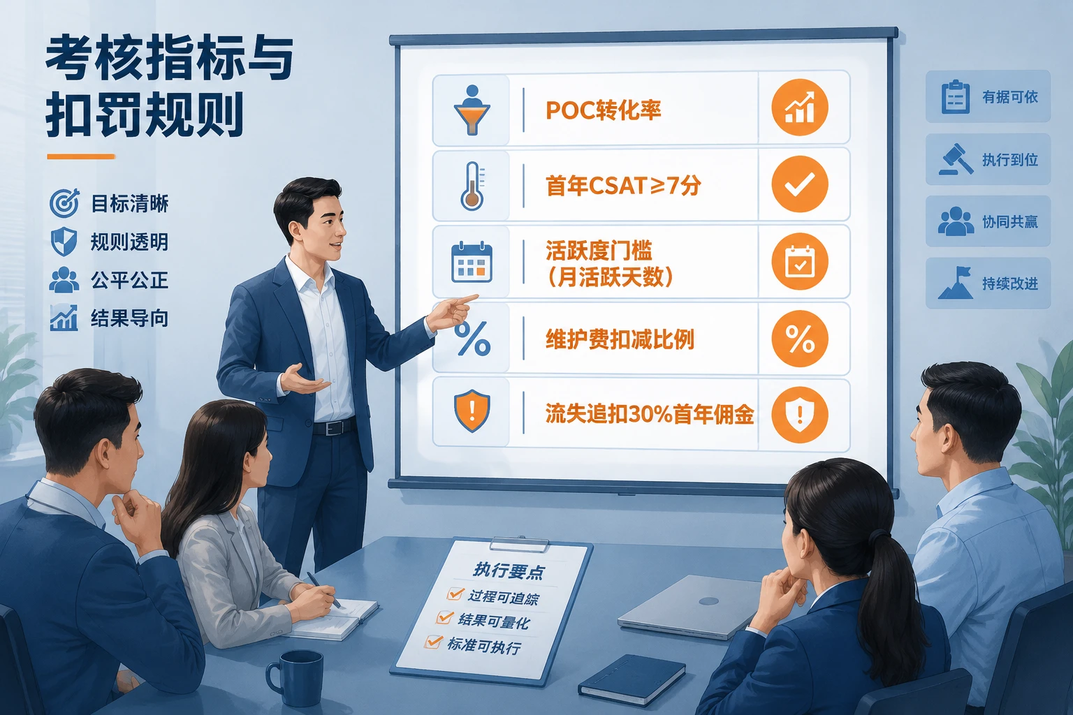 SaaS销售健康度包干模板:CSAT<7分扣费,流失追佣30%
